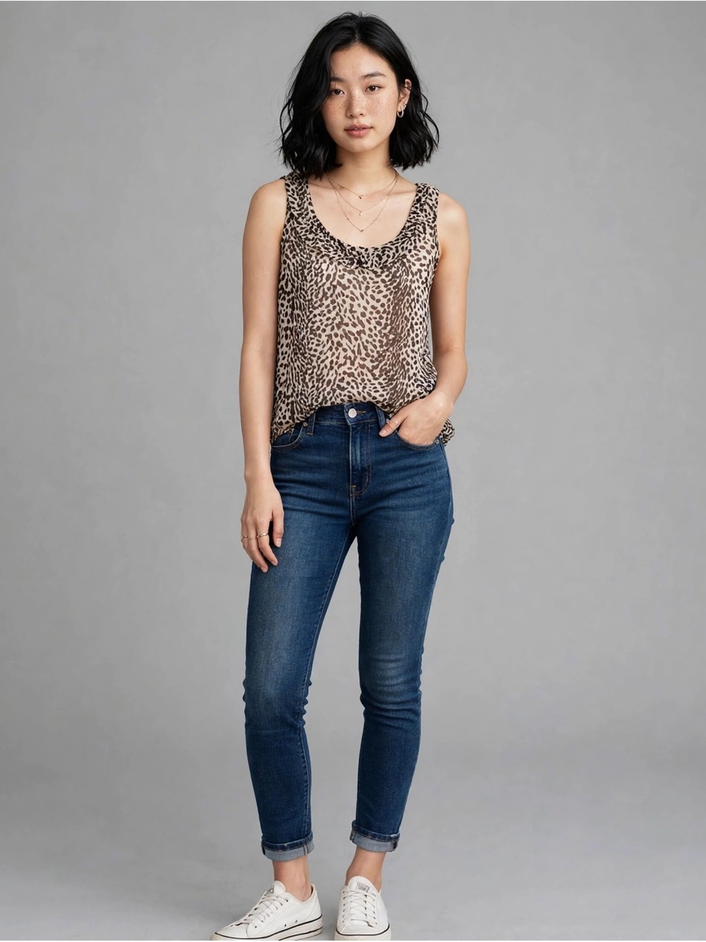 Forever 21 Animal / Leopard Print Sheer Ruffle Neck Sleeveless Blouse Size S